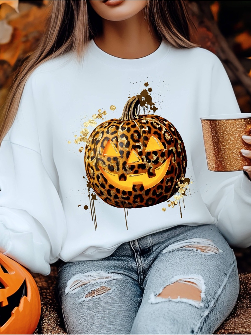 Chic Leopard Pumpkin Graphic Sweatshirt - White